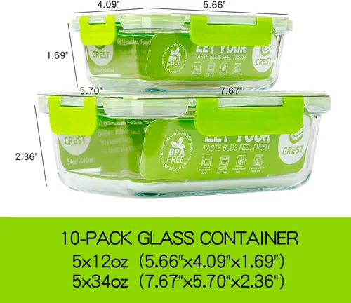 Miniatura 2 de C CREST Contenedores de vidrio para almacenamiento de alimentos con tapas, [paquete de 10] recipientes de preparación de comidas para cocina, uso