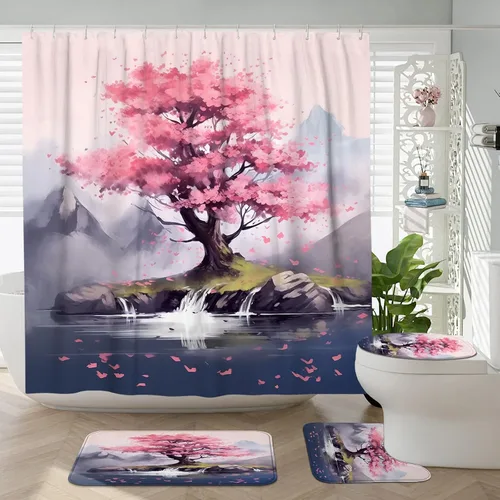 Miniatura 23 de Cortina de ducha japonesa Fuji Mountain de cerezo asiático, cortina de ducha con diseño de anime, decoración de baño, tela de poliéster, 62 x 72 Azul