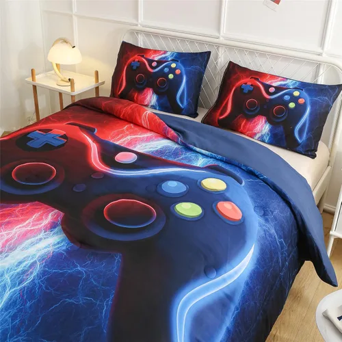 Miniatura 3 de Meeting Story Juego de ropa de cama con estampado de consola de videojuegos rojo y azul para niños, consola de juegos, botones de acción, colorido