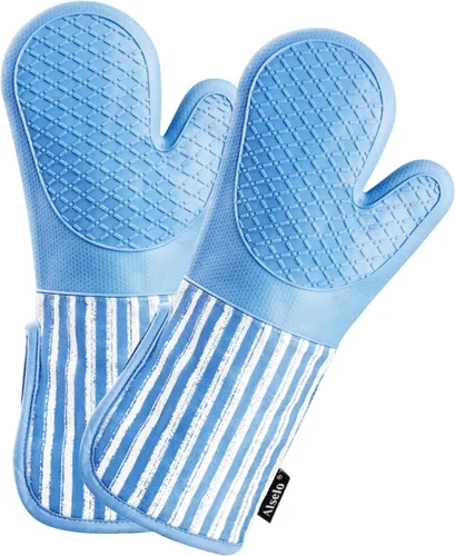 Miniatura 20 de Alselo Guantes de horno de silicona resistentes al calor 932℉ con impermeables y antideslizamiento, juego de 2 guantes de horno extra largos