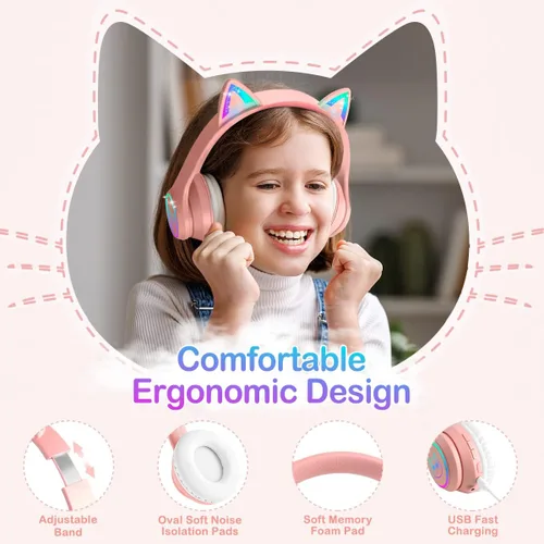 Miniatura 2 de LOBKIN - Auriculares Bluetooth 5.4 para niños con estuche - Orejas de gato plegables con luz LED RGB ajustables y supraaurales, soporte para modo