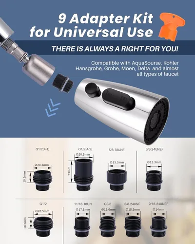 Miniatura 2 de Repuesto de cabezal de grifo de cocina: cabezal rociador de acero inoxidable, 3 modos de boquilla de pulverización extraíble con 9 adaptadores
