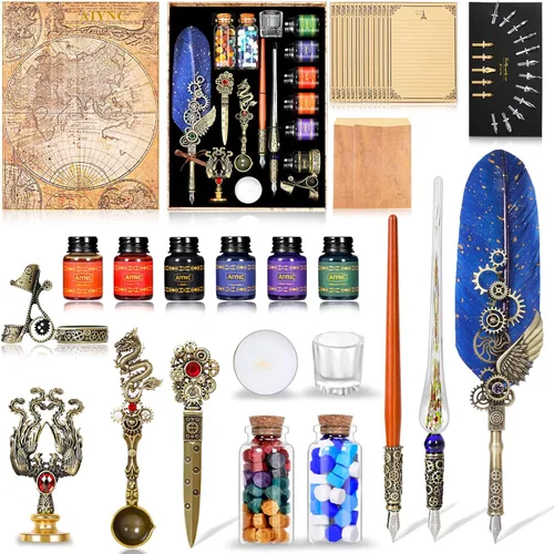 Miniatura 2 de Juego de pluma estilográfica y tinta, con pluma estilográfica, pluma de madera, pluma de vidrio, 6 botellas de tinta, papel de 16 letras, 2 sobres