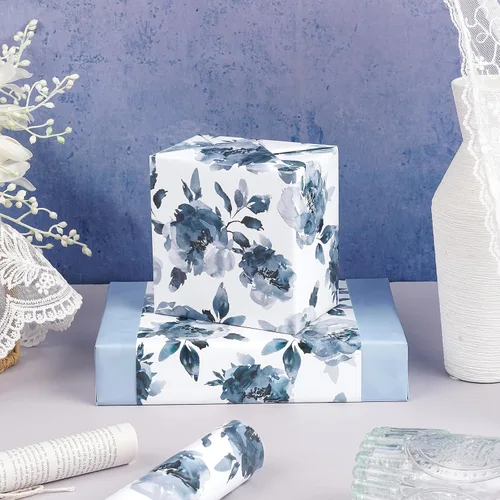 Miniatura 4 de RUSPEPA Papel de regalo reversible floral para niñas y mujeres, mini rollo, acuarela azul floral y azul sólido papel de regalo para cumpleaños, Rosa