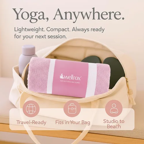 Miniatura 7 de Wellrox Toalla de microfibra para esterilla de yoga con agarre, ultra absorbente, súper suave y de secado rápido, toalla de yoga caliente Rosa