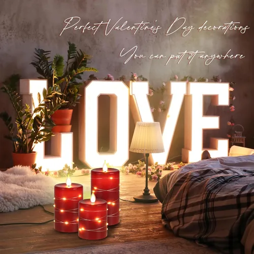 Upinmz Vela roja sin llama con control remoto y temporizador, velas parpadeantes a pilas con cadena de luces, velas LED de pilar, juego de 3