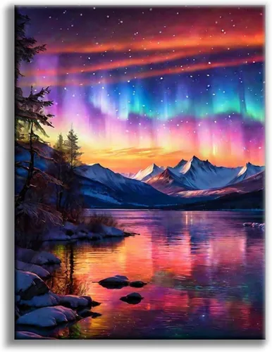 Miniatura 23 de Kits de pintura de diamantes de cielo estrellado Offito para adultos, kits de pintura de diamantes 5D Aurora Lake para principiantes, fantásticos