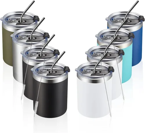 Miniatura 11 de MEWAY Paquete de 8 tazas reutilizables aisladas de acero inoxidable de 12 onzas, taza de café duradera de doble pared, capa en polvo, para café