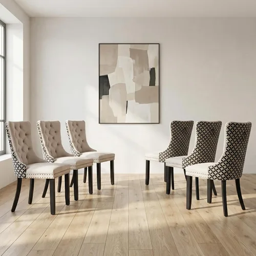 Miniatura 53 de OVENTA Juego de 4 sillas de comedor modernas tapizadas copetudas, terciopelo negro y gris y cuero con patas de madera maciza, sillas de cocina