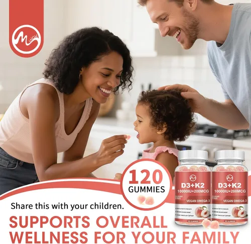 Miniatura 9 de Gomas de vitamina D3 K2 de M inch, vitamina D3 10000UI, K2 (MK-7) 200mcg, suplemento de vitamina D3 con K2 6-en-1 con Omega-3, magnesio y calcio