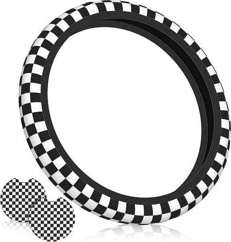 Miniatura 16 de Funda para volante de automóvil de 15 pulgadas y 2 posavasos de automóvil a cuadros Funda de volante a cuadros color negro marrón antideslizante