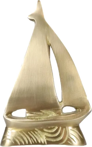 Ebros Gift Escultura de metal de latón dorado para puerta de velero con placa de golpe integrada de 6 pulgadas de alto, barco azul marino,