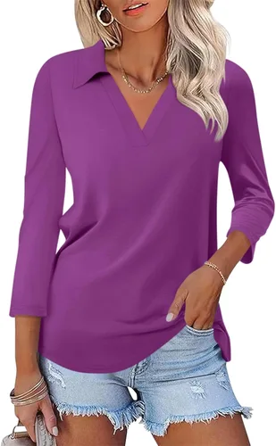 Miniatura 11 de TICTICMISS - Camisas polo de cuello en V para mujer, manga 3/4, con cuello, tops casuales de negocios, tops de verano a la moda, holgados