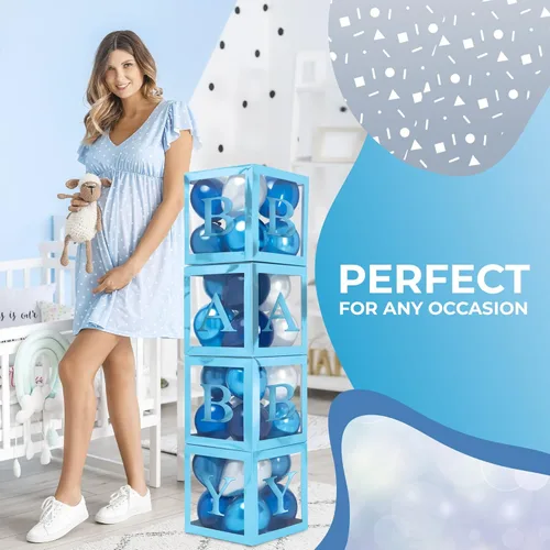 Miniatura 8 de Cajas de baby shower con letras - Cajas azules metálicas con globos metálicos azules y plateados - Juego de 44 piezas para revelación de género