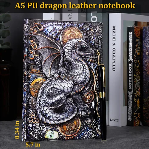 Miniatura 6 de FEIDIAO Cuaderno vintage de cuero en relieve Flying Dragon DND, diario de viaje A5 diario con bolígrafo y funda para bolígrafo, diario de piel