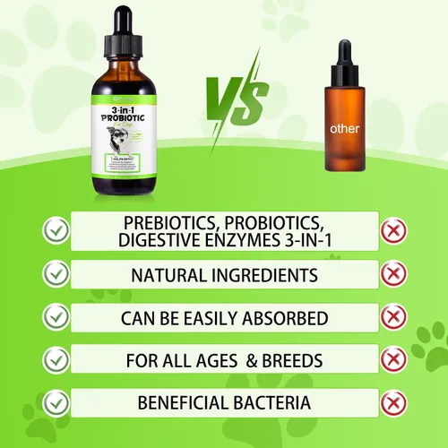 Miniatura 7 de Probiótico para perros, gotas probióticas naturales 3 en 1 para perros que ayudan a aliviar la diarrea, apoya la salud intestinal, picazón