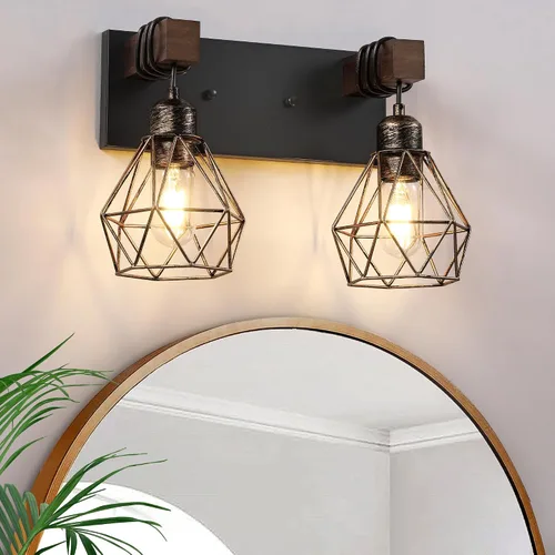 Lámpara de tocador estilo casa de campo para baño, luminarias de tocador de baño de 2 luces negra dorada de madera sobre espejo, apliques rústicos