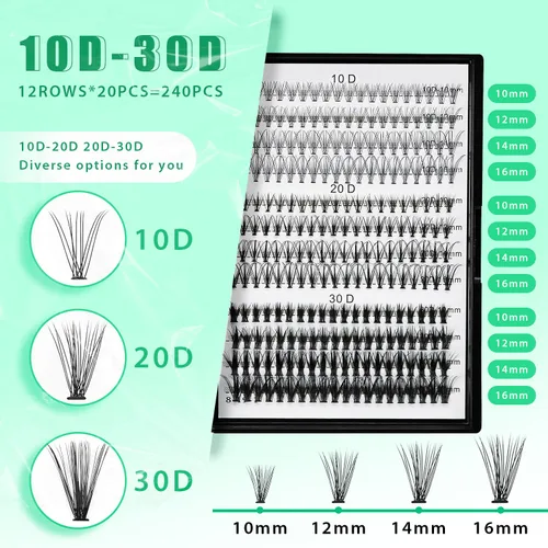Miniatura 3 de Bodermincer Extensión de pestañas 240 unidades, rizado D, 10D+20D+30D, 10-16 mm/12-18 mm mezclado, racimo individual de pestañas postizas