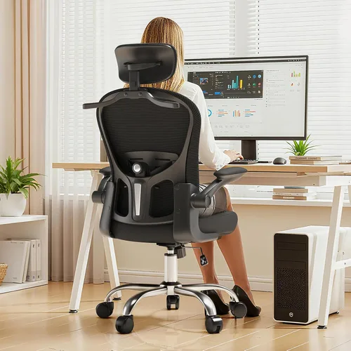 Miniatura 11 de Silla de oficina ergonómica, soporte lumbar ajustable y reposacabezas, silla de escritorio con respaldo alto con brazos abatibles para oficina