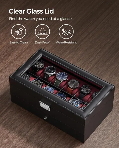 Miniatura 57 de SONGMICS UJWB012 - Caja de reloj de 12 ranuras, caja de reloj con cerradura con tapa de vidrio, 2 capas, con 1 cajón para anillos, pulseras, idea