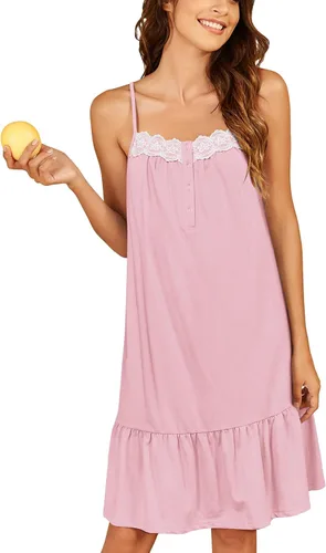 Miniatura 16 de Ekouaer Camisones de algodón para mujer, sin mangas, vestido de noche de encaje, vestido de noche con botones, camisón victoriano