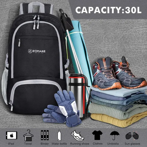 Miniatura 2 de ZOMAKE Mochila plegable ligera 30L, mochilas plegables para senderismo, mochila plegable compacta resistente al agua para viajes Negro