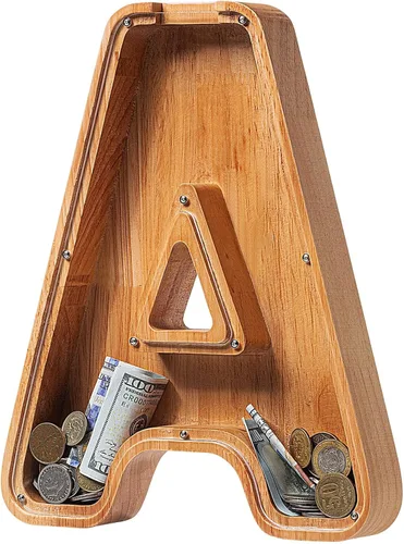 Alcancía para niños y niñas, alcancía grande de madera personalizada con diseño recortado, bancos de monedas con letras del alfabeto, caja de ahorro