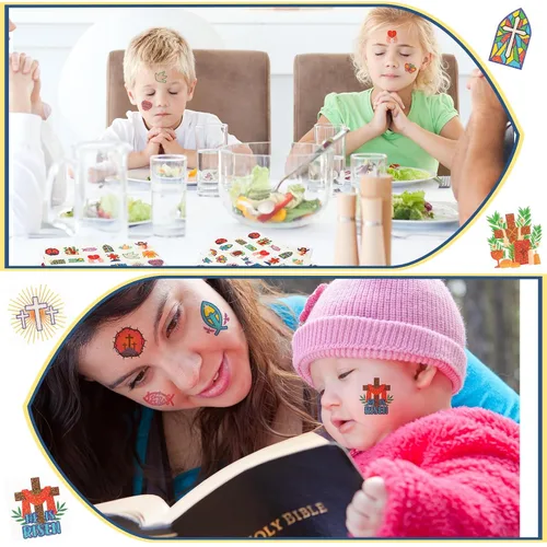 Miniatura 6 de Landhoow 240 tatuajes religiosos cristianos temporales para niños, tatuajes faciales con brillantina, calcomanías para el cuerpo, accesorio
