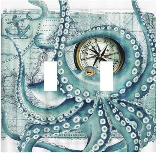 Cubiertas de Interruptor de Luz de Doble Palanca con Ojos de Pulpo Náutico Vintage Divertido Océano Kraken Placa Decorativa de Pared de 2 Segmentos