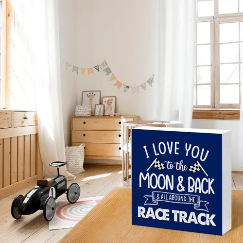 Miniatura 6 de Letrero de madera "I Love You To The Moon And Back And All Around The Race Track" para decoración de escritorio, letrero de caja con banderas a