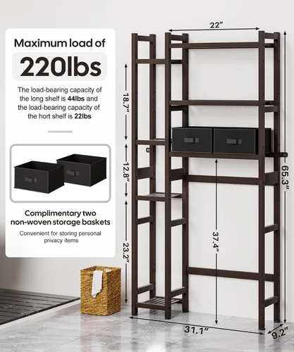 Miniatura 2 de Homde Organizador de Almacenamiento Sobre el Inodoro con Cesta y Cajón, Organizador de Baño de Bambú con Estante Ajustable y Patas Impermeables