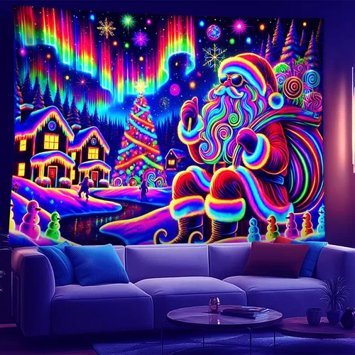 Miniatura 10 de NYZE - Tapiz de Navidad con Papá Noel, tapiz de luz negra que brilla en la oscuridad, colgante de pared, banner festivo, decoración para fiesta
