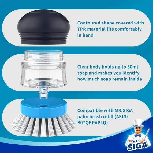Miniatura 6 de MR.SIGA Cepillo dispensador de jabón, cepillo de cocina para limpiar platos, ollas, sartenes, fregaderos, paquete de 1, azul marino y azul