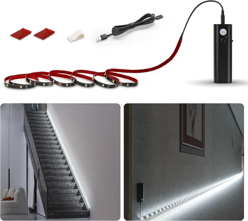 Miniatura 14 de WOBANE Tira de luz LED activada por doble movimiento, tira de luz recargable de 16.4 pies, luz de cinta alimentada por batería para debajo