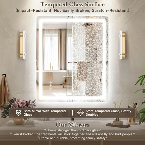 Miniatura 3 de 48x24 Inch LED Bathroom Mirror with Lights, Anti-Fog 3-Color Dimmable Memory Touch Control, Waterproof HD Tempered Glass, Wall Mounted Vanity Mirror