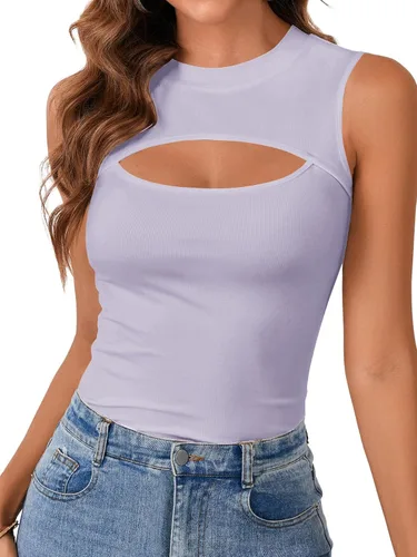 Miniatura 22 de Vrtige Camiseta sin mangas sexy con cuello redondo para mujer, de punto acanalado, sin mangas, ajustada