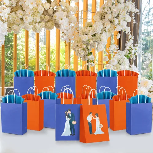 Miniatura 5 de Fumete Paquete de 24 bolsas de regalo de papel kraft con papel de pañuelo, coloridas bolsas de recuerdo de fiesta con asas para fiesta de guerra