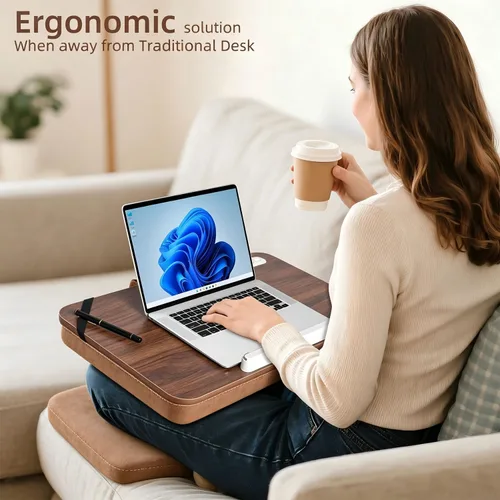 Miniatura 4 de Wooden Lap Desk with Handle, Natural Wood Grain Finish, Portable Laptop Table with pohone Slots