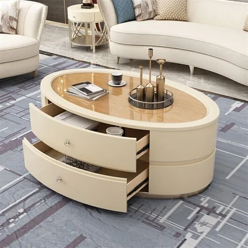 Miniatura 4 de Mesa de té para sala de estar, mesa de centro moderna con mesa única y base estable, mesa de sofá ovalada con 2 cajones grandes para sala de estar