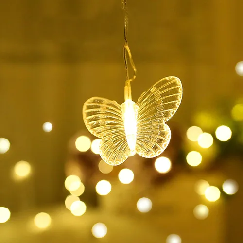 Miniatura 4 de Luces de cortina de mariposas, 13 pies, 96 luces LED USB, luces de hadas para ventana, 16 mariposas, 8 modos, luces de luciérnaga, centelleo, Blanco
