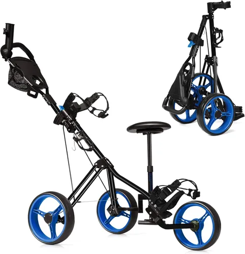 Miniatura 10 de Tangkula Carrito de Golf de Empuje y Tirón con Asiento, Carro Plegable y Colapsable Liviano de 3 Ruedas, Carro de Golf con Freno de Pie, Soporte Gris