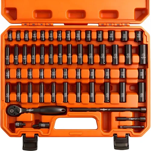 Miniatura 11 de HORUSDY Juego de dados de impacto poco profundo de 1/2 pulgada, SAE de 24 piezas (7/16"-1") y métricas (13-24mm), 6 puntos, Cr-V, incluye mango