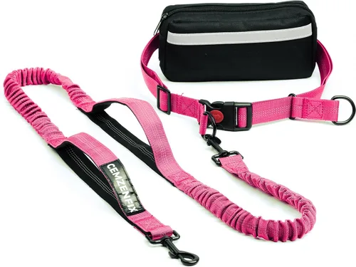 Miniatura 20 de Correa de perro manos libres con cinturón – Bungee sin tirones, asas acolchadas dobles y bolsa con cremallera para correr, caminar y entrenar