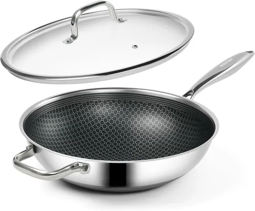 SLOTTET Wok híbrido de 12 pulgadas con tapa, woks antiadherentes de acero inoxidable y sartenes para saltear, mango que se mantiene frío, utensilios