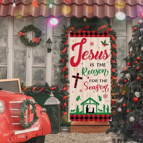 Miniatura 6 de Cubierta de puerta religiosa de Jesús de Navidad, telón de fondo para puerta de fiesta de Navidad con texto en inglés «Jesús es la razón