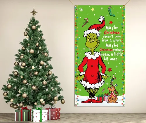 Miniatura 6 de Sunwer Cubierta de Puerta Verde de Navidad Whoville Decoración de Fiesta Navideña de Invierno Cartel de Porche Frontal Telón de Fondo Banner