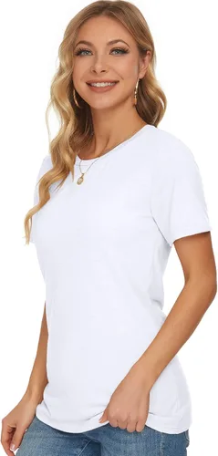 Miniatura 3 de WNEEDU Camisetas de manga corta para mujer, cuello redondo, holgadas, de verano, camisetas básicas