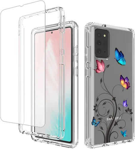 Miniatura 8 de Funda para Galaxy Note 20 5G, SM-N981U con protector de pantalla de vidrio templado, carcasa de cuerpo completo con diseño floral transparente