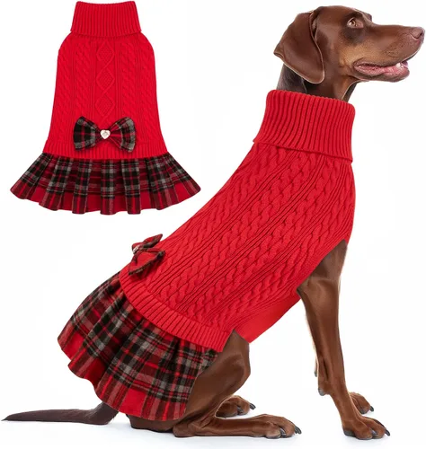 Miniatura 9 de KYEESE Suéter de punto grueso para perro, vestido de suéter para mascotas con corbatín, abrigos elásticos para mascotas, suéter suave para perros