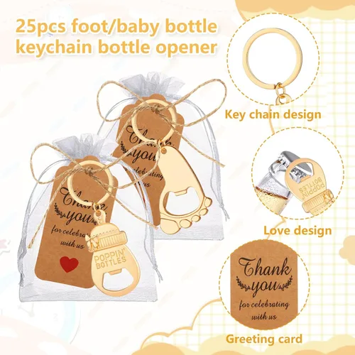 Miniatura 3 de 50 unidades de abrebotellas Keycahin de huella de bebé, llavero Poppin botellas de baby shower con tarjetas, carrito de bebé en forma de regalo